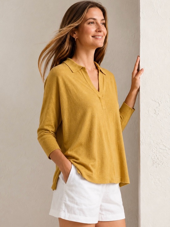 Garnet Hill Tops - Garnet Hill Arden Oversized Linen Polo Sweater Golden Yellow 3/4 Sleeve L